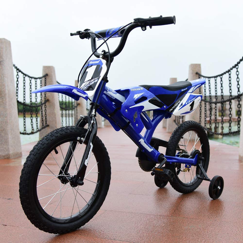 16/18 Zoll Motorrad-Stil Kinderfahrrad, Motorcross Fahrrad mit V-Brake Bremsen, Kinderfahrrad für Kinder im Alter von 4-9 Jahren mit Stützrädern und Schutzblech, 90% Vormontiert