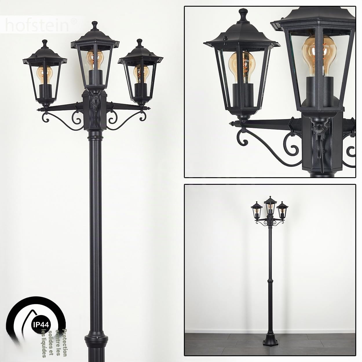 HOFSTEIN Candélabre Loria - Luminaire d'extérieur en métal/verre noir transparent - Lampadaire maison de campagne / antique / rétro / vintage pour jardin, extérieur, terrasse, cour, max. 200 cm, 3 x