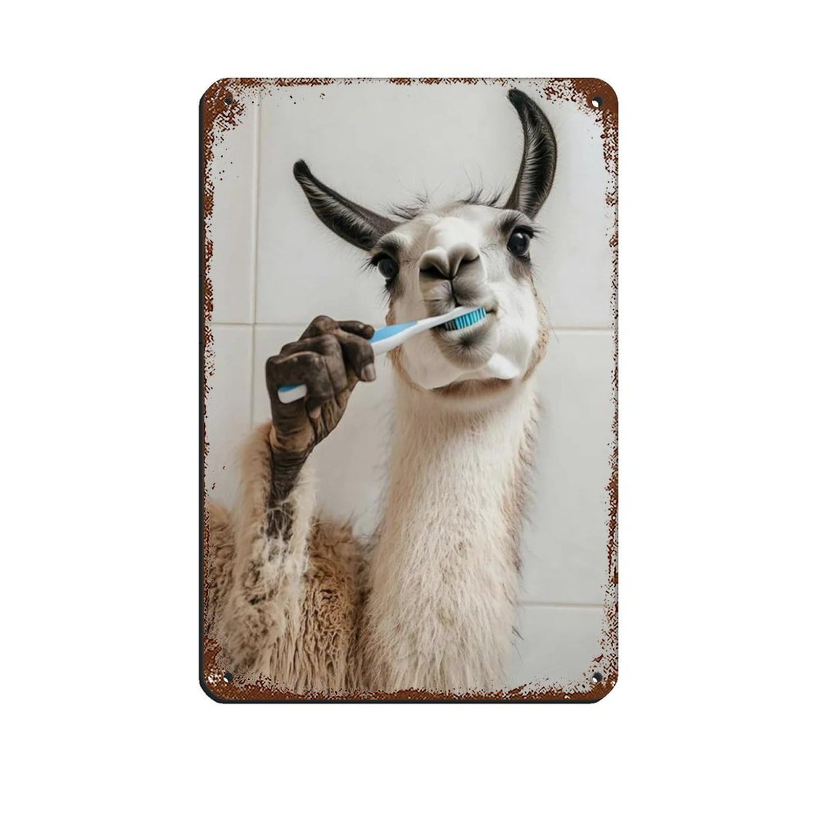 Llama Brushing Teeth, Funny Bathroom Art Tin Sign Vintage Metal Pub Club Cafe Bar Home Wall Art Decoration Poster Retro 8x12inch(20x30cm)