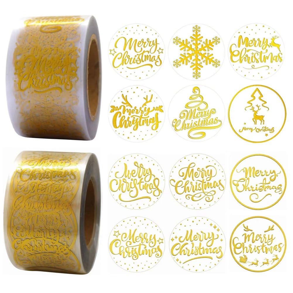 Fituenly Merry Christmas 1000 Pcs Sticker, 1 Inches Gold Foil Decals,Self Adhesive Clear Holographic Christmas Label For Gift,Card,Envelope