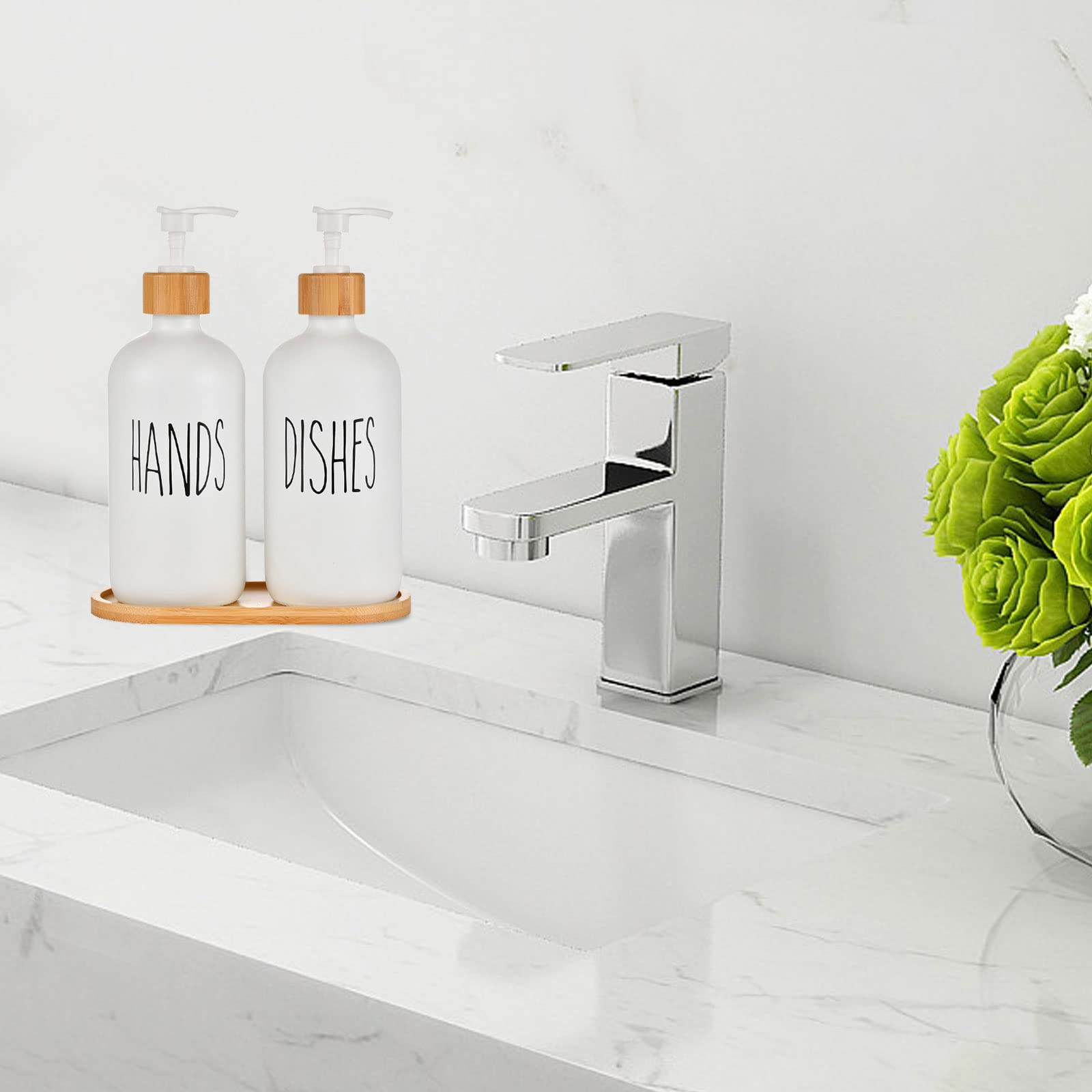 Dispenser Sapone In Vetro - 2 Pezzi, Con Vassoio Bambù, Per Cucina E Bagno - Foto 4