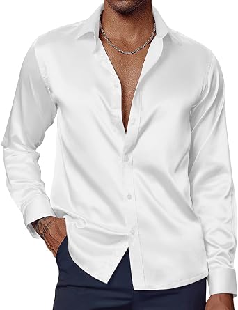 Mens Shiny Satin Dress Shirts Fashion Long Sleeve Silk Shirt Regular Fit Button Down Formal Tops for Wedding Party