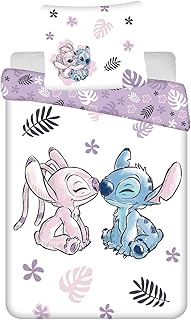 Jerry Fabrics Lilo and Stitch - Juego de cama para cama infantil, 160 x 200 cm, funda de almohada de 70 x 80 cm, 100% algodón, color blanco