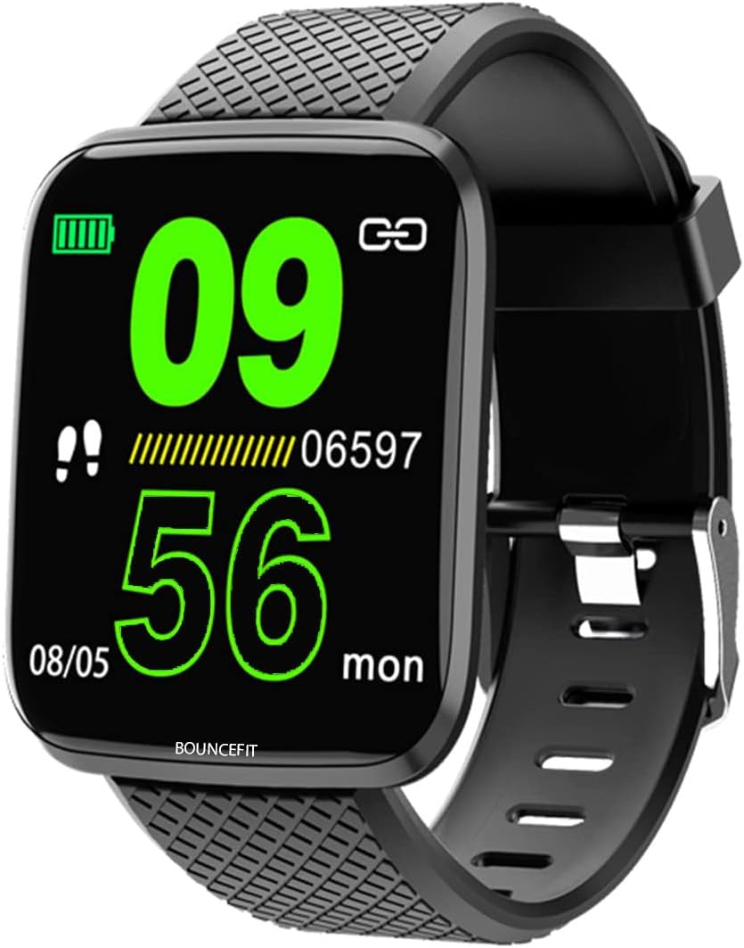 BouncefitM I D116 Fitness Band Smart Watch for Men, Women, Boys, Girls, Kids โ Single Touch Interface, Water Resistant, Workout Modes, Quick Charge Sports Smartwatch โ Black I