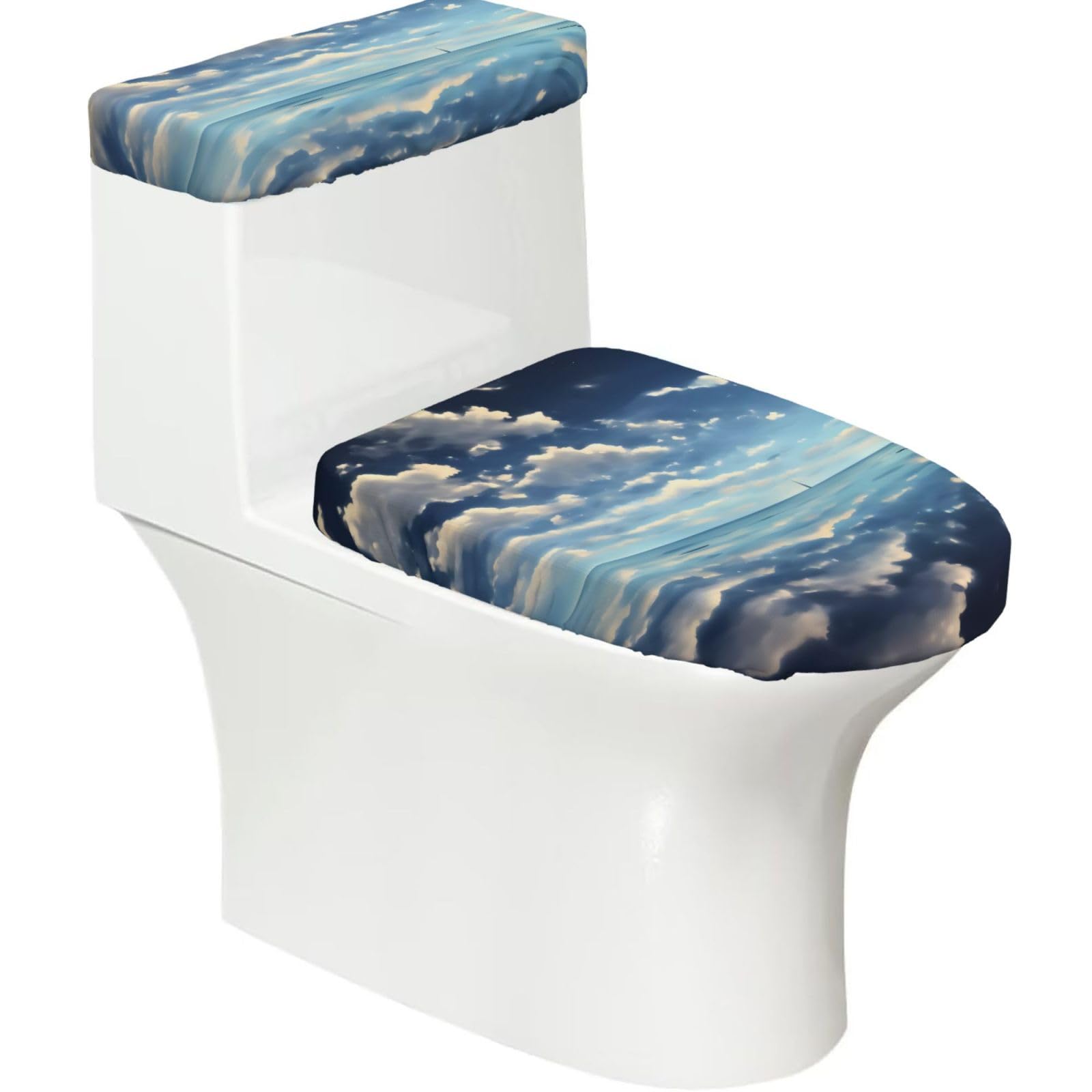 White Clouds Over the sea 2-Piece Toilet Seat Cover Set with Tank Lid - Elastic for U-Shape & Elongated - Bathroom Decor