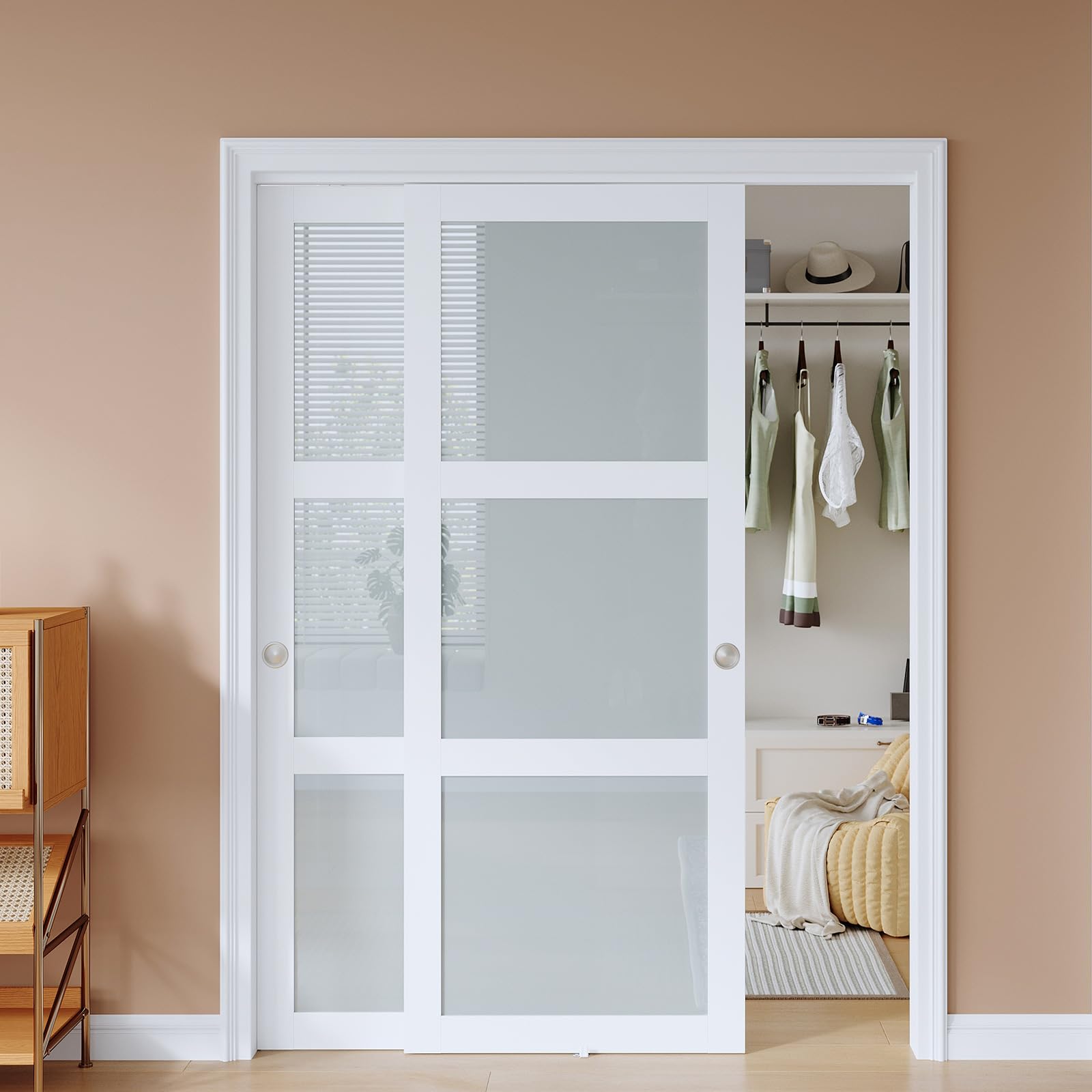 EaseLife 60x80 in (Double 31in) Bypass Sliding Closet Door for Bedroom, 3-Lite Frosted Glass Sliding Door with Hardware Track Kit & Floor Guide, Preassembled Door Panel, MDF White Pocket Doors