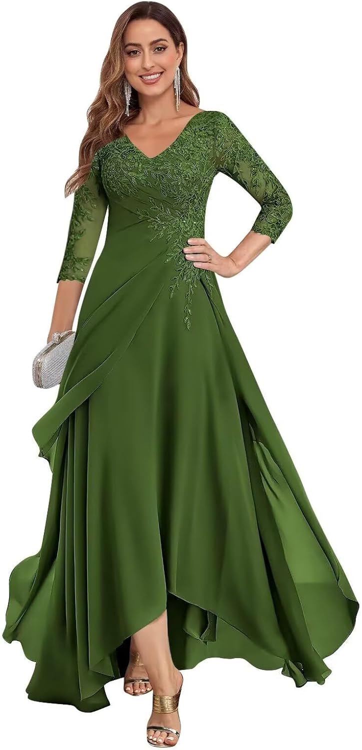 Tea Length Mother of The Bride Dresses for Women Lace Applique 3/4 Sleeve Flowy A Line Ruffle Chiffon Formal Dress