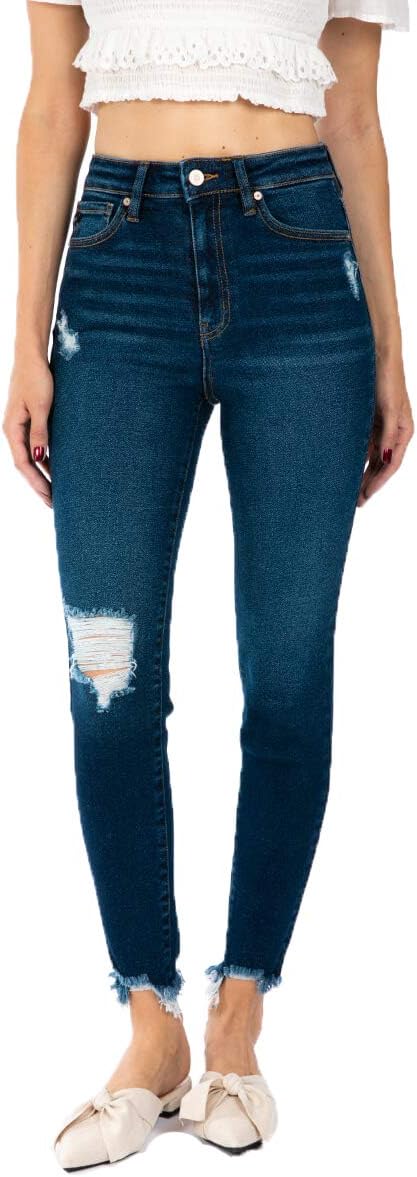 Kan Can Women's Super High Rise Distressed Ankle Skinny Jeans