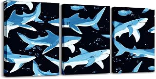 Homemissing Leinwandbild, Hai, 40 x 30 cm x 3 Stück, für Wohnzimmer, Schlafzimmer, Ozean, Meeresmotiv, Bild, Wanddekoration für Badezimmer, Kreatur, Meeresbewohner, Kinder, Jungen, Mädchen, Kunstwerk