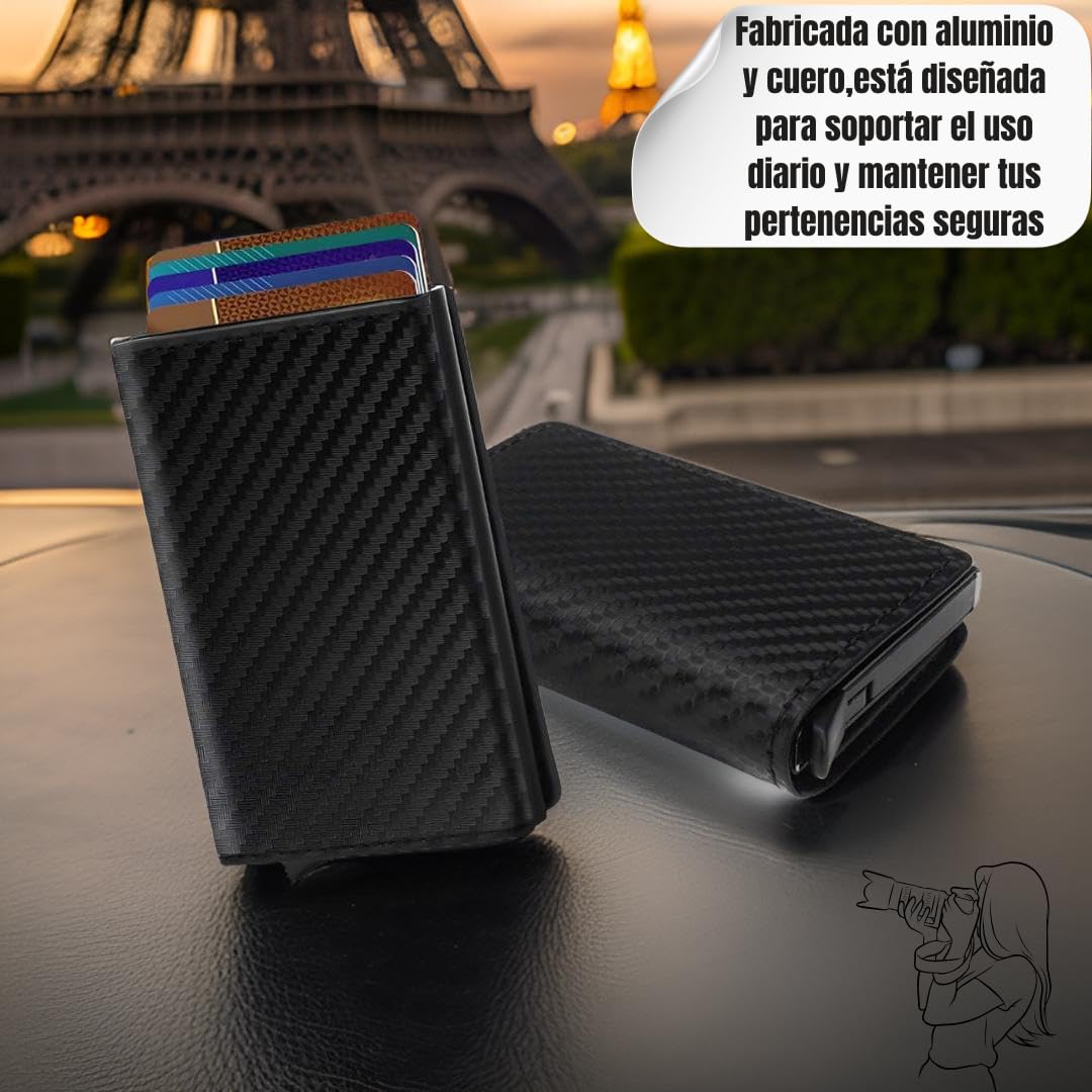 Cartera Hombre Pequeña con Tarjetero Automático Interior Aluminio Protección RFID Capacidad 6 Tarjetas Billetes Documentación Cuero Diseño Compacto Antirrobo