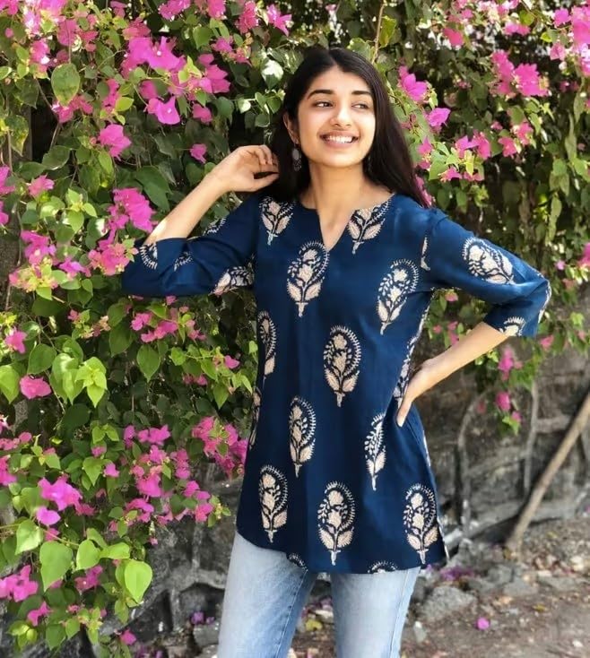 Image of Women's Short Kurti in Multicolor Rayon Cotton Blend | Ladies Ethnic Tunic | Office