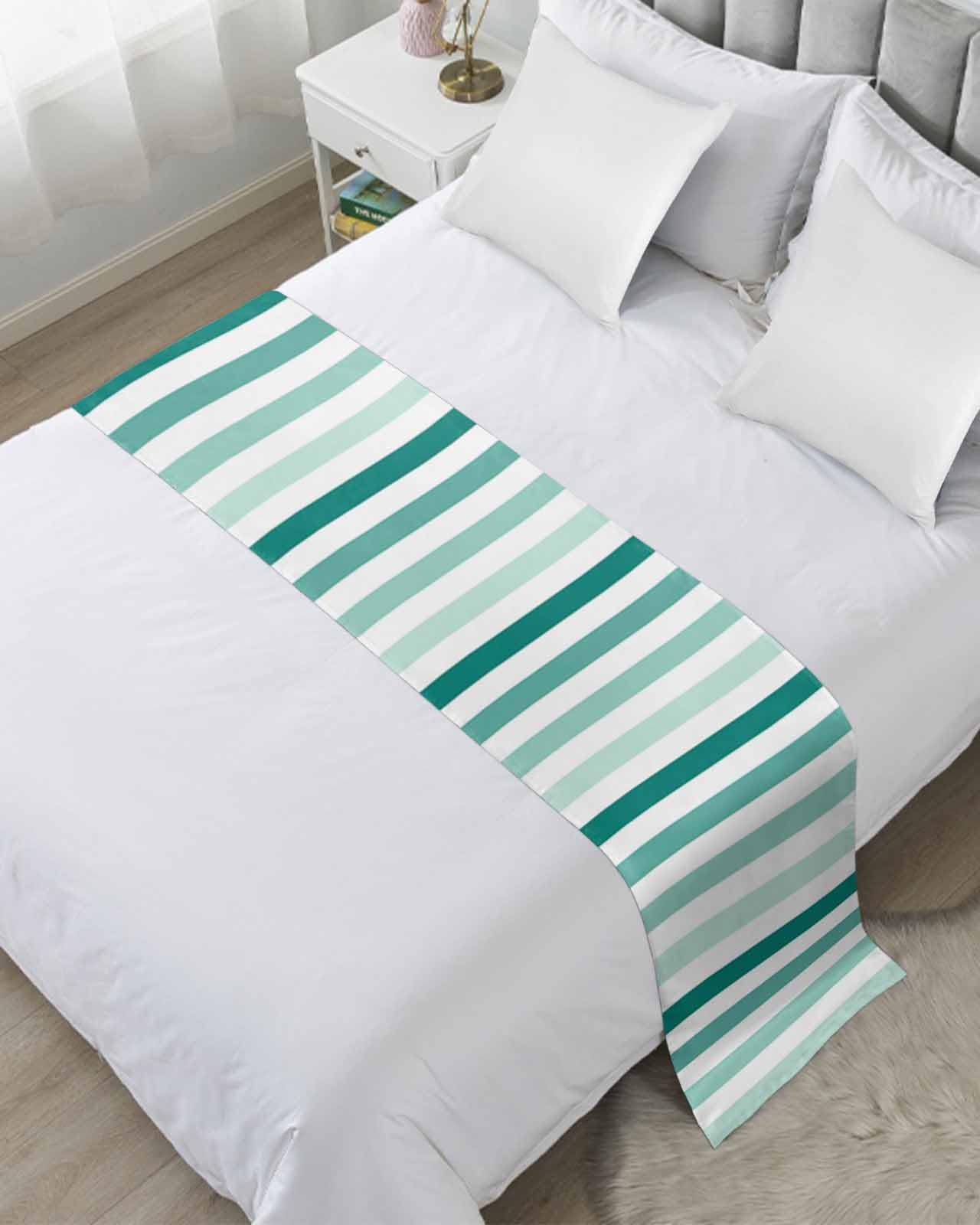Twin Bed Runner Ombre Watercolor Green Stripe Bedding Runner Scarves Decorative Bed Scarf, Modern Minimalist Art Soft Bedding Scarf for Bedroom Hotel Wedding 83x20in
