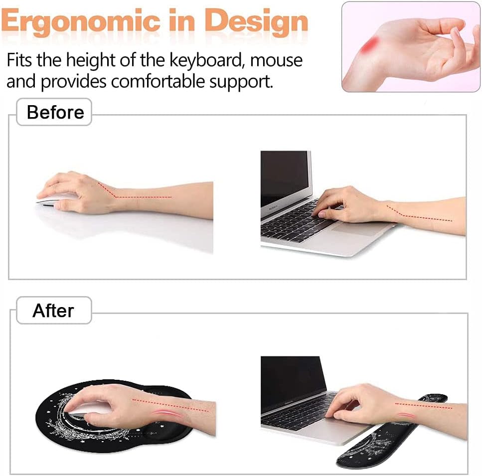 Keyboard Wrist Rest and Mouse Pad Wrist Support Set, Non-Slip PU Base, Easy Typing and Relieve Wrist Pain, Perfect for Home Office Working Studying, Celestial Theme Sun with Crescent Moon image 5