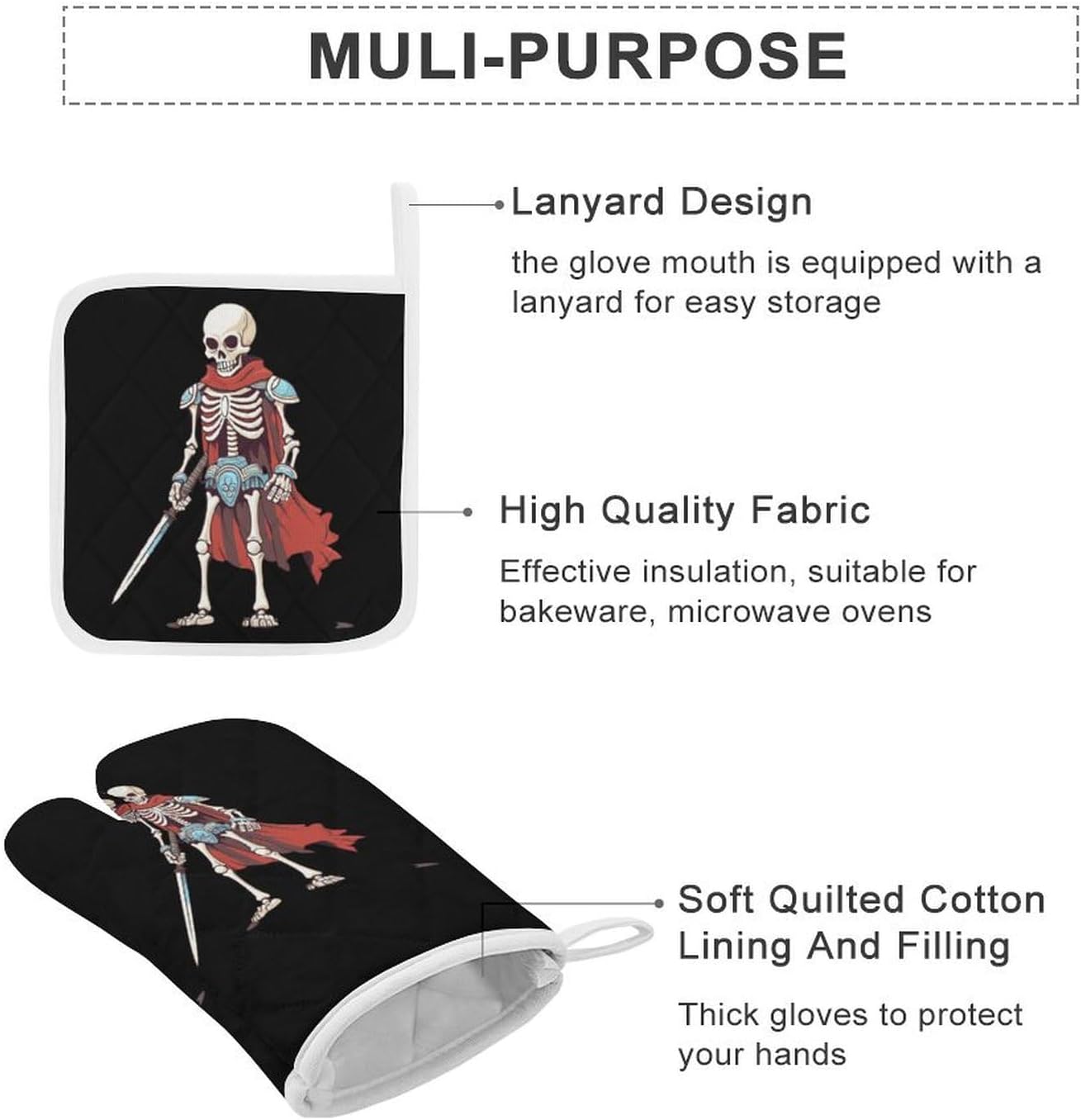 Judo Samurai Red Skull 4 Pcs Oven Mitts and Pot Holders Set High Heat Resistant Long Kitchen Oven Glove Potholders