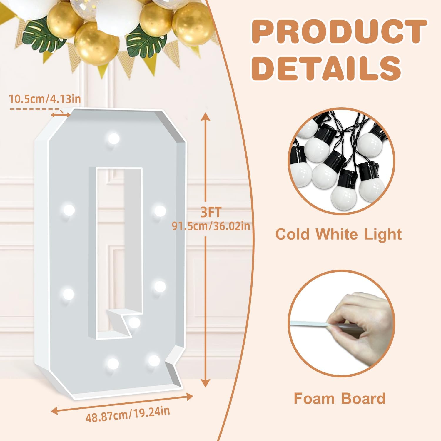 3FT Marquee Light Up Letter Q, Big Name Letters, Marry Me Letters, Baby Letters, Love Letters Light Up Sign for Anniversary Wedding Party Decoration, Pre-cut Foam Board Mosaic Balloon Kits - Image 2