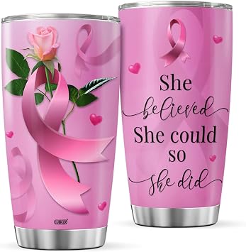 CUBICER Gifts For Breastcancer Patients Women Grandma Girls Survivors Awareness Accessories Ribbon Tumbler Steel Stainless Cups Drinking Glasses Set Funny Coffee Mugs Christmas