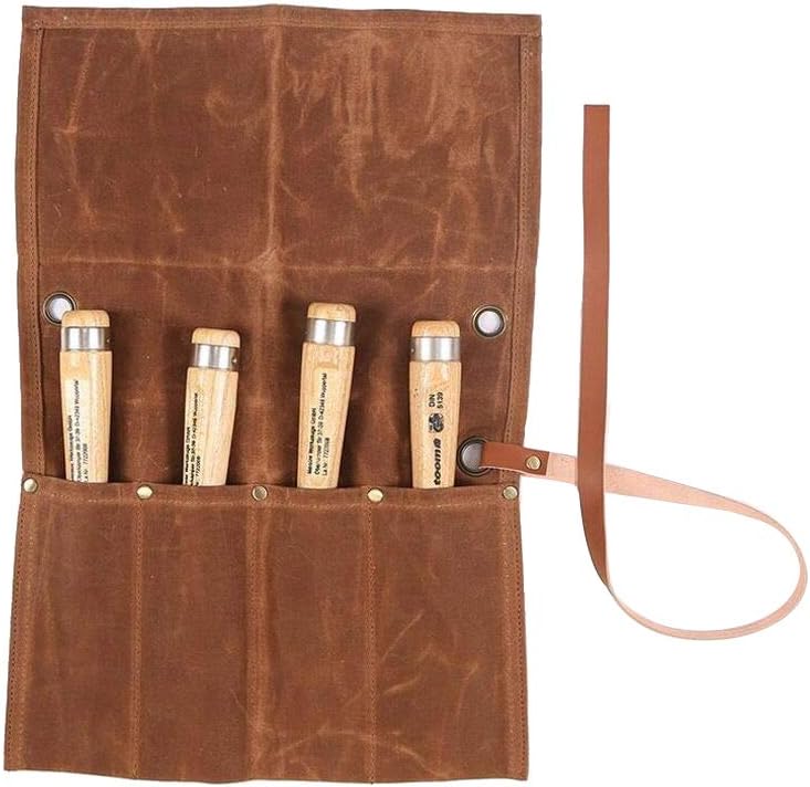Chisel Roll,Waxed Canvas Tools Wrench Roll Up Pouch,Chisel Carrying Case,Wrench Holder Pouch,4 Pockets Tote Organizer for Knife Hammers, Gouges, Best Gift for Electrician,Carpenter or Mechanic