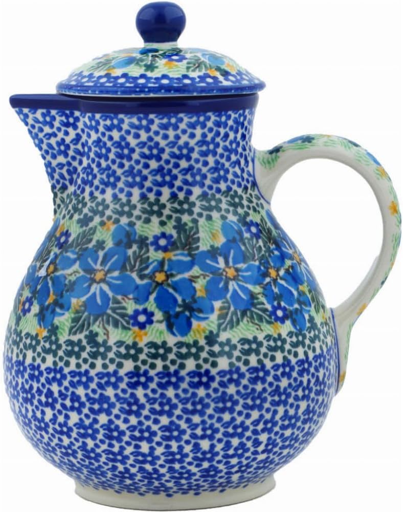 Polmedia Polish Pottery Pitcher with Lid UNIKAT - Floral Blue Dreams Pattern Handmade in Boleslawiec Poland by Ceramika Artystyczna + Certificate of Authenticity