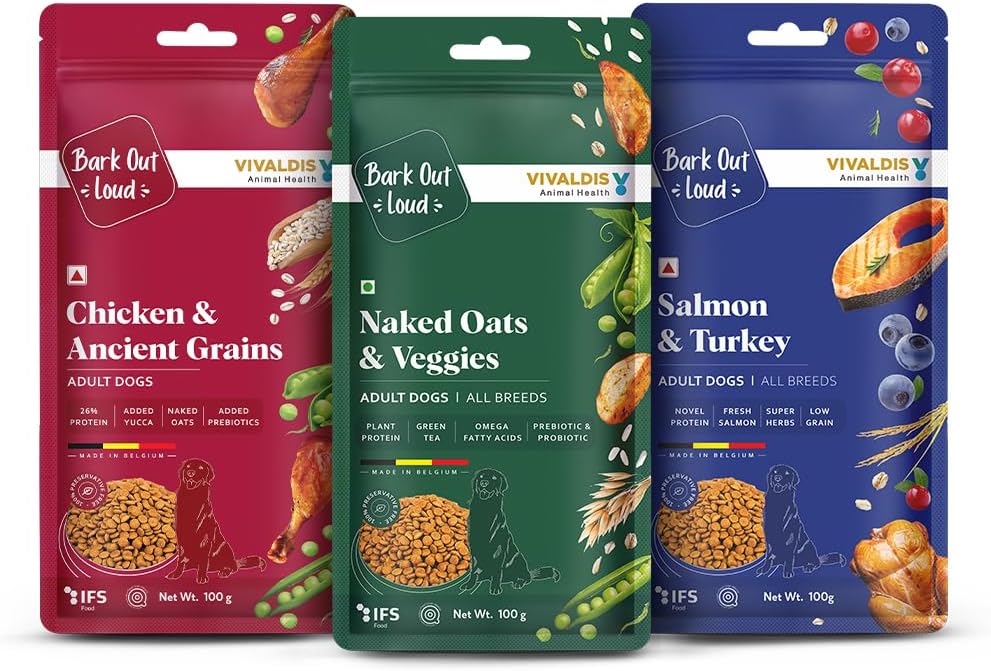 by Vivaldis Adult Dry Dog Food Combo- Naked Oats and Veggies, Salmon and Turkey, and Chicken & Ancient Grain - Rich in Protein, Pet Nutrition with Nutrients and Herbs (100 gm, Pack of 3)