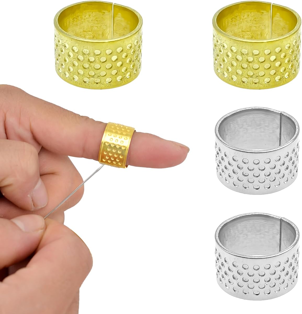 4 Pack Finger Protector Fingertip Thimble Metals Thimbles Adjustable Finger Ring for Hand Sewing, Stitching, Quilting and Knitting