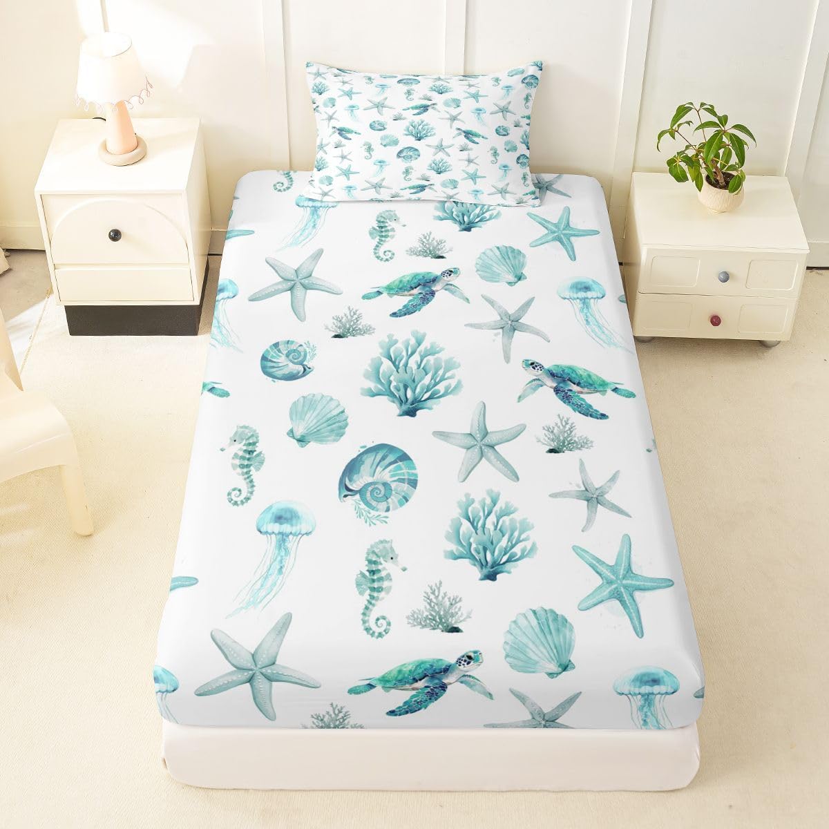 Starfish Seahorse Shell Bedding Set Full Boat Nautical Ocean Fitted Sheet Watercolor Coastal Animal Bed Sheets for Kids Boys Girls,Sea Ocean Creature Bed Cover 3 Pcs