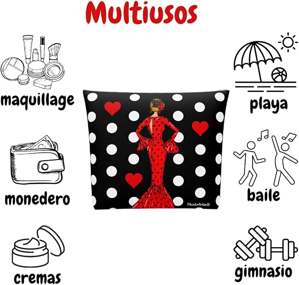 Trousse de Toilette Flamenco Sevilla « Maria Rouge » – Design Double Face – Fond Noir à Pois Blancs – 25x26 cm – imperméable – Trousse Femme ou Voyage - 5