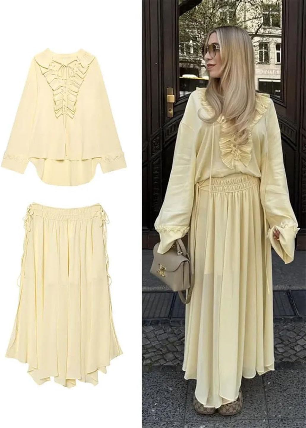 Women Ruffles Lace-Up Blouse Skirt Long Sleeve V-Neck Midi Skirt Two-Piece Set