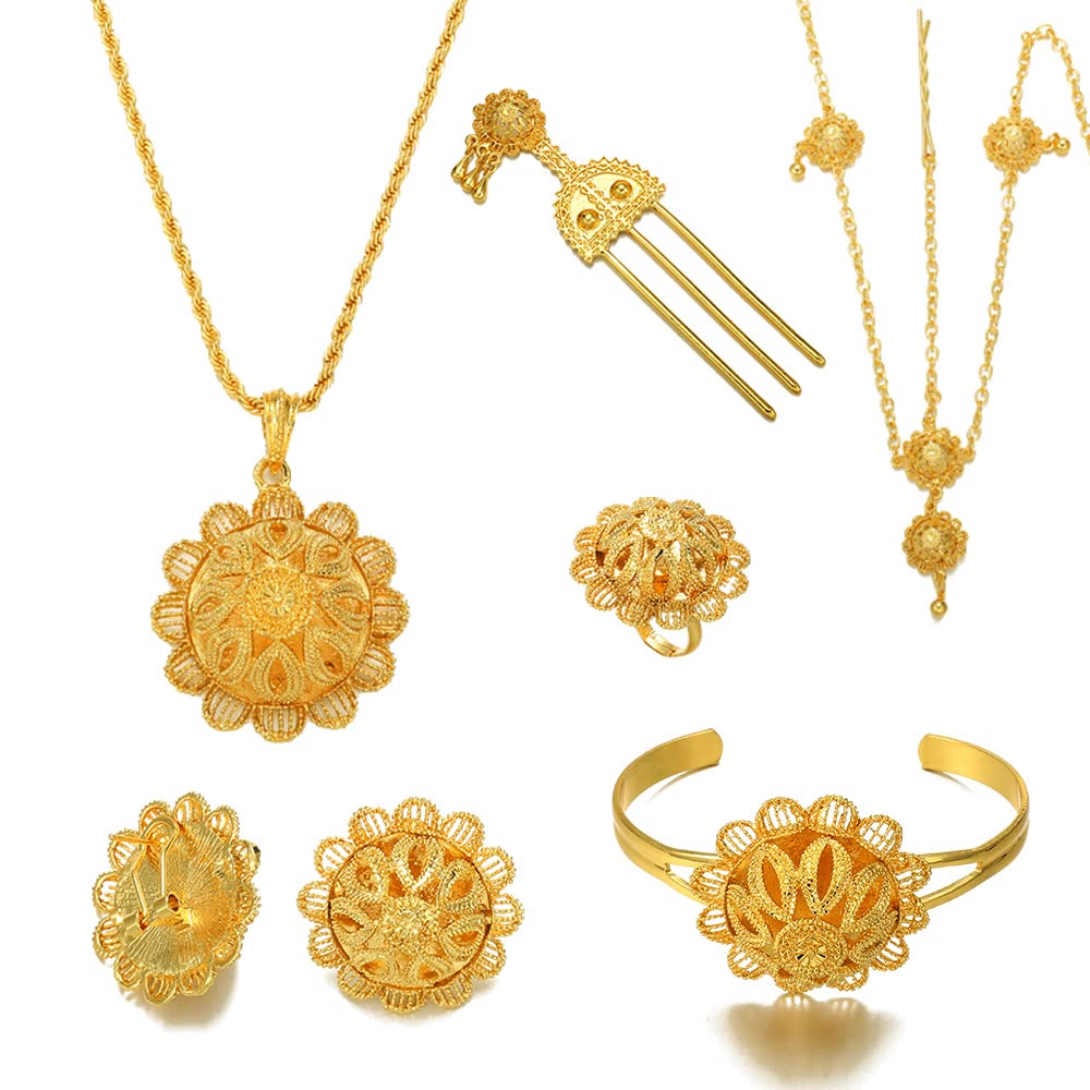 Ethiopian Jewelry for Women Set 24K Gold Plated 6-Pieces Sets African Wedding Bridal Women Party Gifts