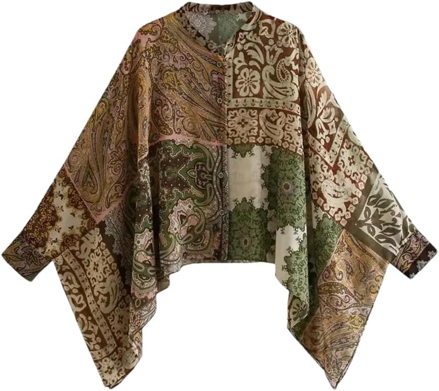 ヴィンテージパッチワークプリントボヘミアンステインスーツ女性のためのバットウィングスリーブボタンシャツワイドレッグパンツセット