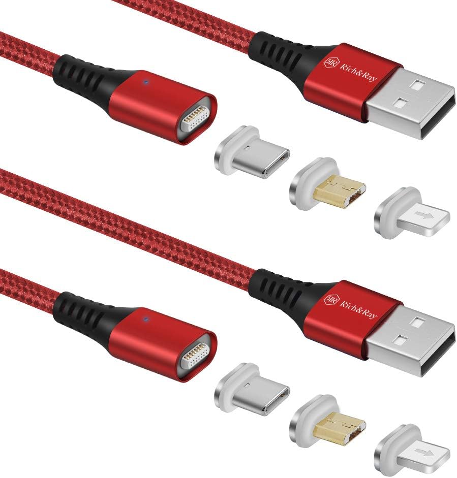 Rich&Ray Magnetic Charging Cable,3 Tips in 1 Nylon Braided Magnetic Fast Charging & Data Sync Cable (Red-2Pack, 5Feet)