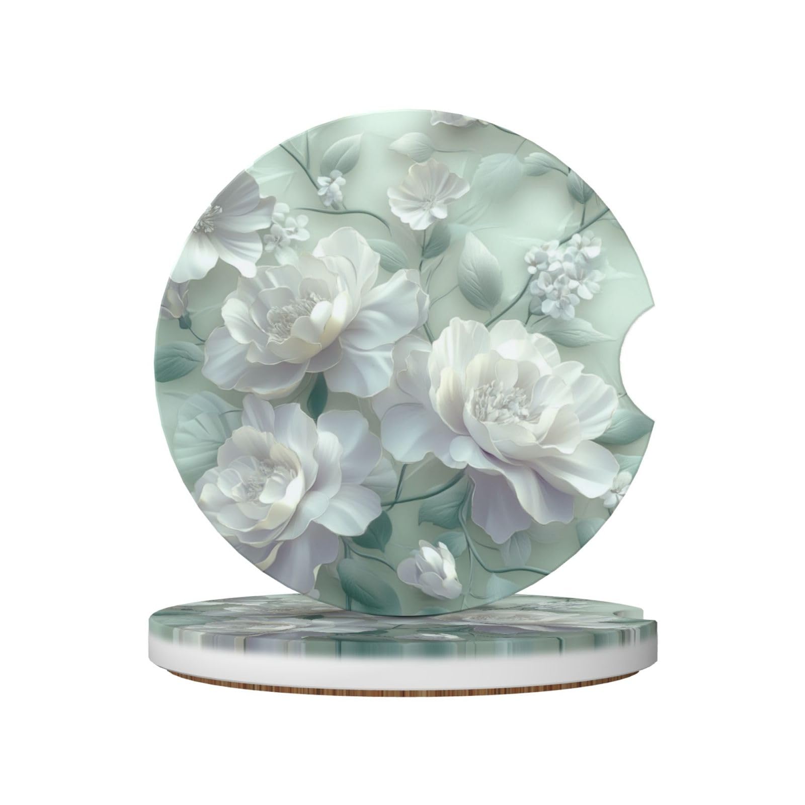White Flower Pattern On Light Green Ceramic Coasters,2pcs
