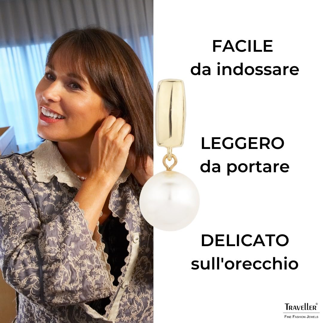 Traveller Orecchini pendenti a clip, da donna, con perla da 12 mm