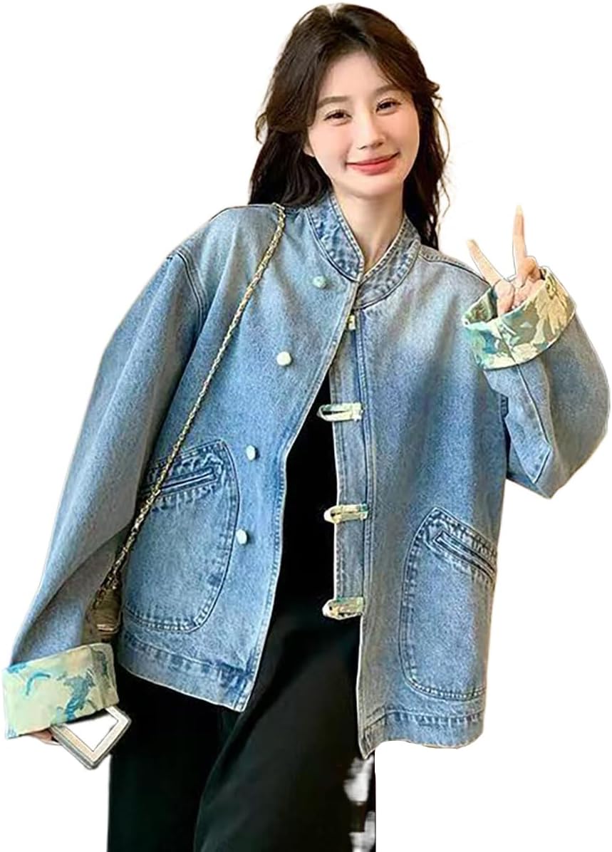 NCDUANSAN New Chinese button women's denim jacket, niche spliced long sleeved top, casual and fashionable design hip-hop