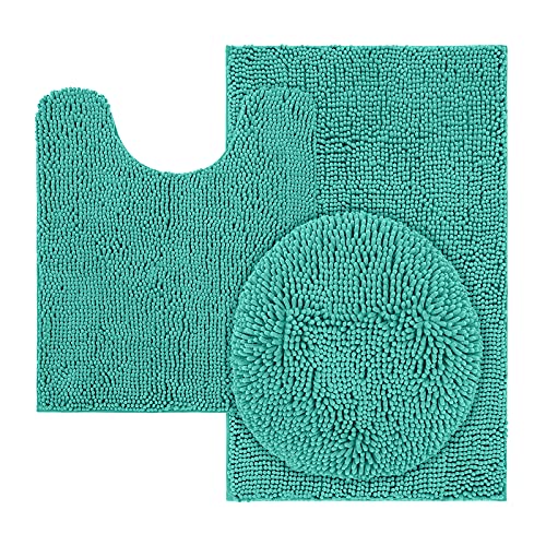 Mayshine 3Pc Non-Slip Shaggy Chenille Bathroom Mat Sets, Includes 32 X 20 Inches Bathmat, 24 X 20 Inches U-Shaped Contour Toilet Rug And Toilet Lid Cover, Machine Washable, Turquoise, 3 Item Bundle #TOP10
