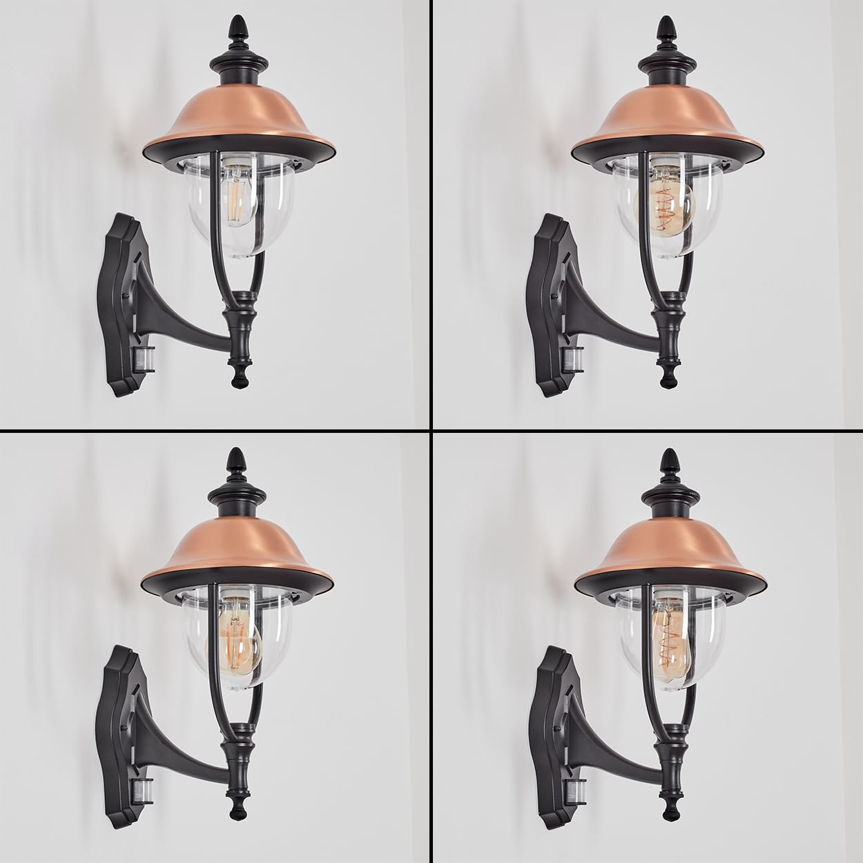 HOFSTEIN Außenwandleuchte Gascon, Außenwandlampe mit Bewegungsmelder aus Metall/Kunststoff in Schwarz/Kupfer/Klar, Wandleuchte außen im Vintage/Antik/Landhaus-Design, Garten, Hof, Haustür, E27, IP44