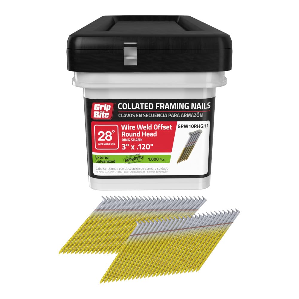 Grip Rite Prime Guard GRW10RHGH1 28 degree Wire Weld Offset Round Head Exterior Galvanized Collated Framing Nails, 3" x 0.120"
