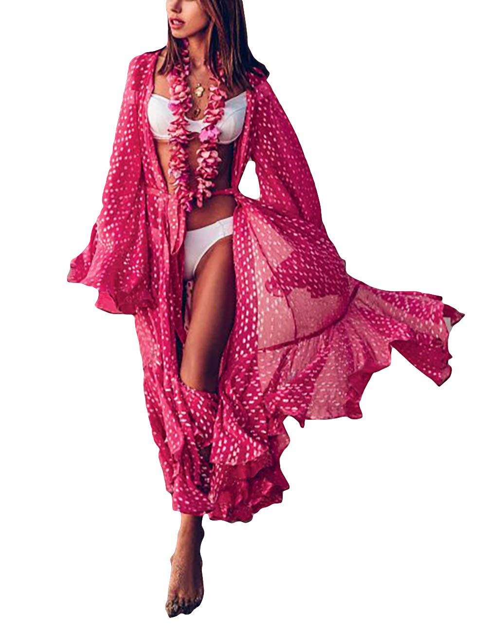 Bsubseach Women Chiffon Dot Print Beach Kimono Cardigan Long Bathing Suit Cover Up