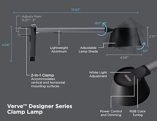 Miniatura 5 de BLACK+DECKER Verve Designer - Lámpara LED de abrazadera, se adapta a estantes, cubículos y cabeceras, LED blanco verdadero + colores RGB de 52.5 ft