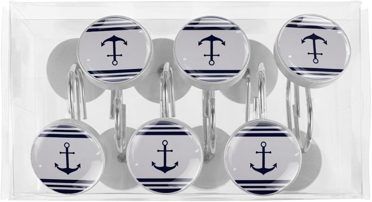 Nautical Anchor Blue and White 12 Pack Shower Curtain Hooks Decorative Shower Curtain Hook and Ring Set ABS Resin Anti-Rust Bathroom Curtain Rings