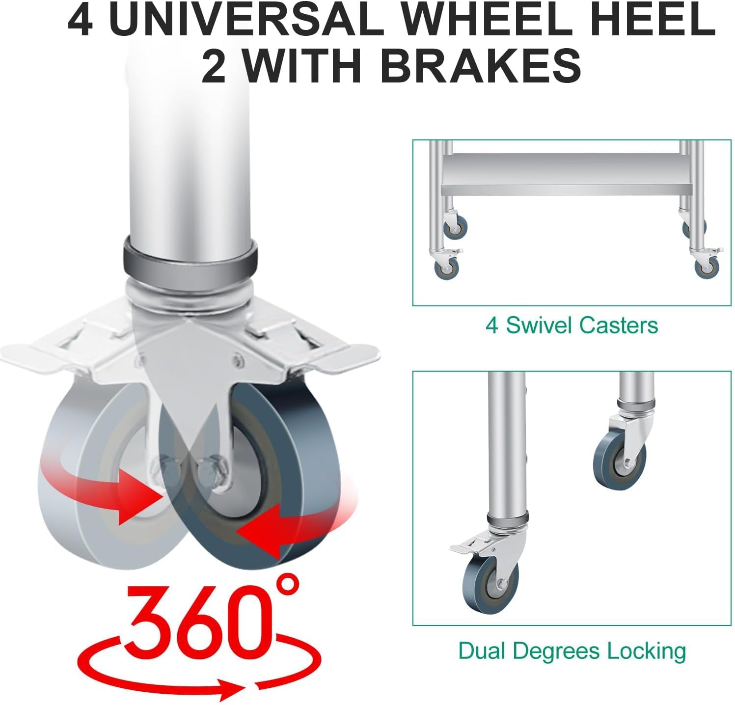Stainless Steel Prep Table, 48 x 24 inches, with Backsplash & 4 Wheels, Adjustable Undershelf, Commercial Heavy Duty Table with Adjustable Under Shelf for Outdoor Use,Restaurants,Hotels,Works
