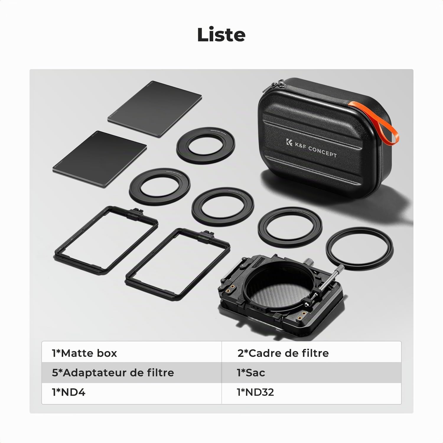 K&F CONCEPT Matte Box et Filtre Carré ND4 ND32 avec 2 Cadre et 5 Adaptateur | Kit,5 Bagues 67/72/77/82/95mm,Solide,HD,Nano-revêtement,Étanche,Verre optique,Résistant à l’huile et aux rayure,FM703