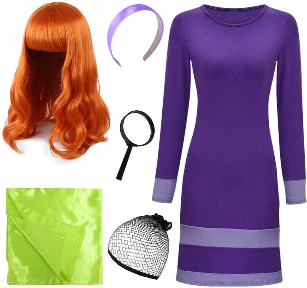 Halloween Purple Costume Women Long Sleeves Mini Dress Scarf Wigs Headband Magnifier for Classic Movie Cosplay Mini Scooby