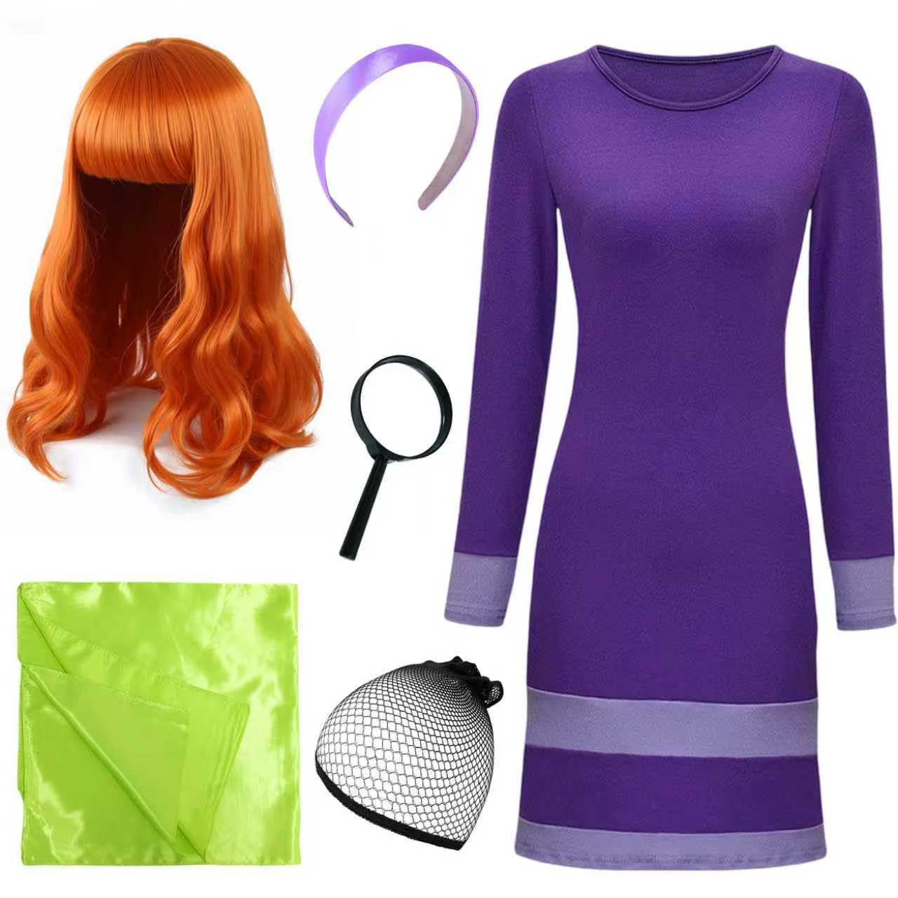 Halloween Purple Costume Women Long Sleeves Mini Dress Scarf Wigs Headband Magnifier for Classic Movie Cosplay Mini Scooby
