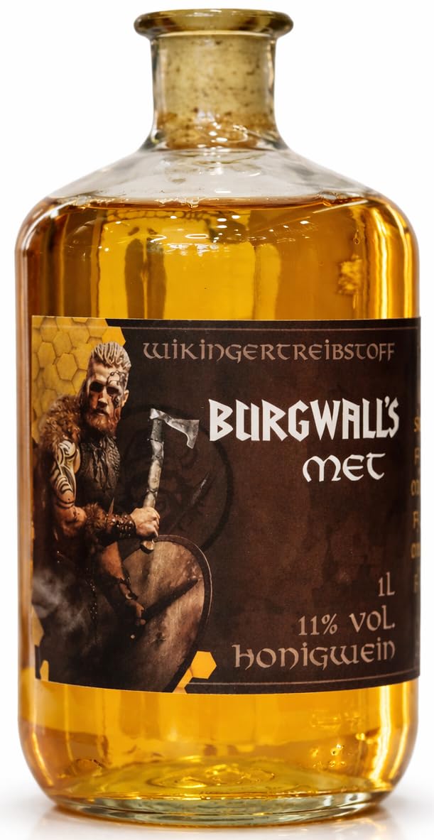Wikingertreibstoff Burgwall’s Met 1L (11% Vol.) – Honigwein aus der Wikinger-Serie – Süßer Met mit Honigaroma – Nordischer Honigwein in 1 Liter Flasche