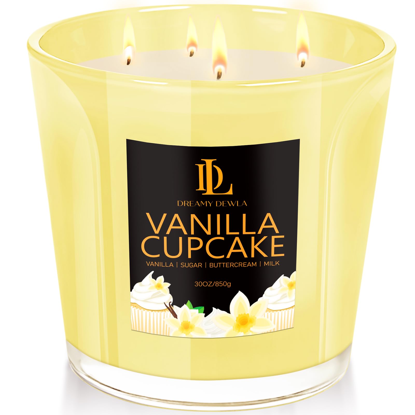 Vanilla Cupcake Scented Candle, Large 30oz Natural Soy Candles, 4-Wick 80 Hour Burn Time, Home Fragrance Candles Housewarming Gift for Women Men
