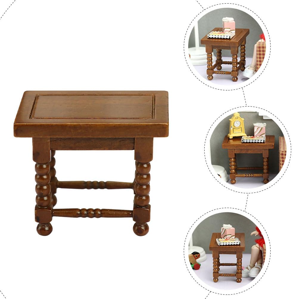 Miniature Wooden Tea Table Model - Dollhouse Furniture Decor, 1:12 Scale Mini House Accessory, Brown, 2.12X1.77X1.53 Inches