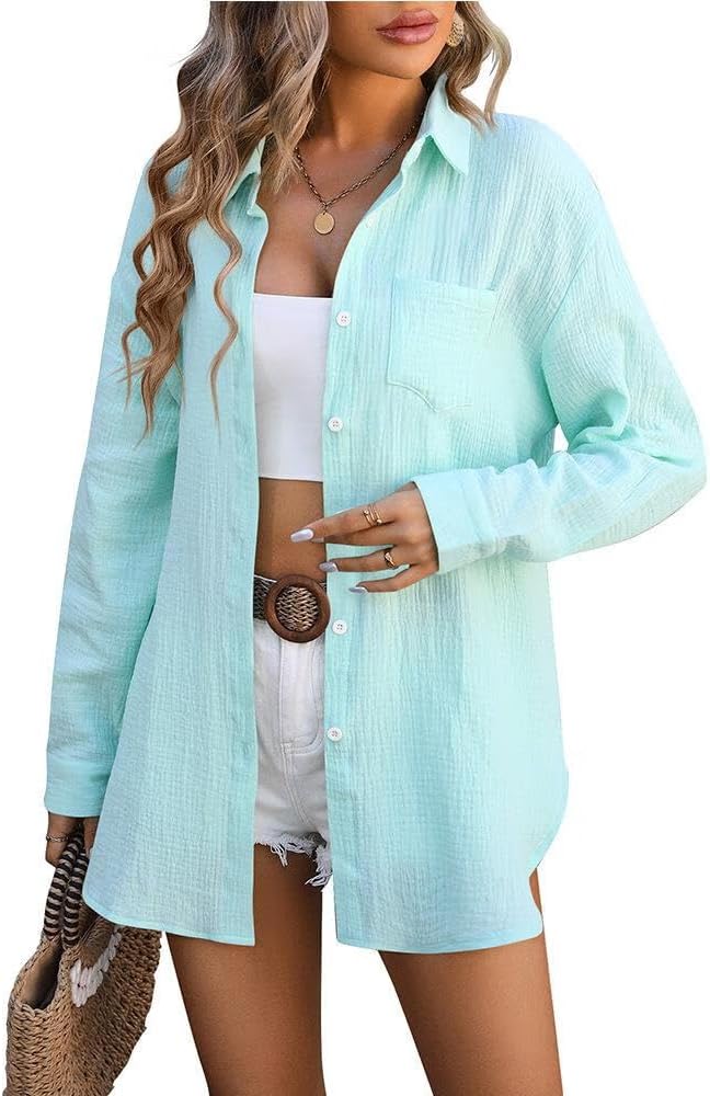 FMCHICO Womens Button Down Shirts Casual Long Sleeve Shirt Textured Collared Blouse Top with Pocket