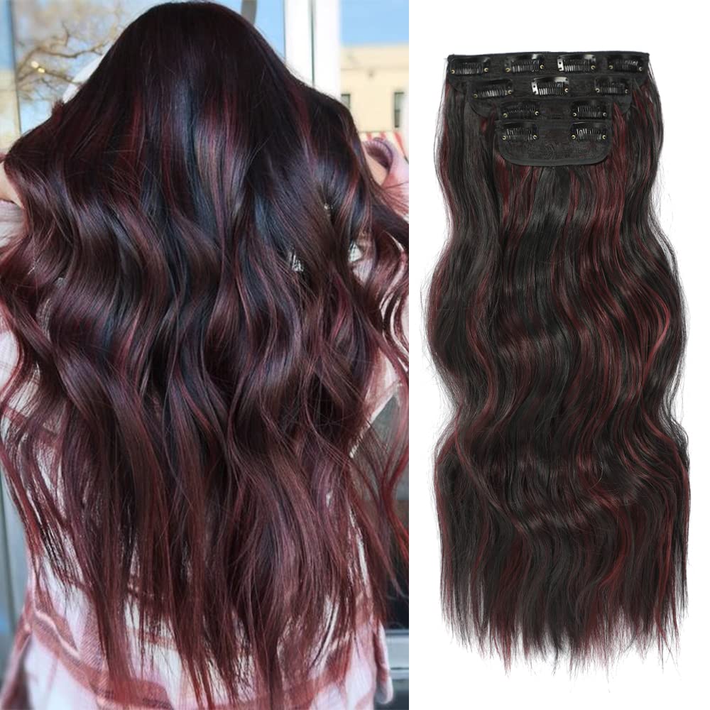 4PCS Clip in Hair Extensions 20Inch Long Wavy Hair Extensions Clip ins Synthetic Thick Hair Piece for Women (Black Mix Burgundy)