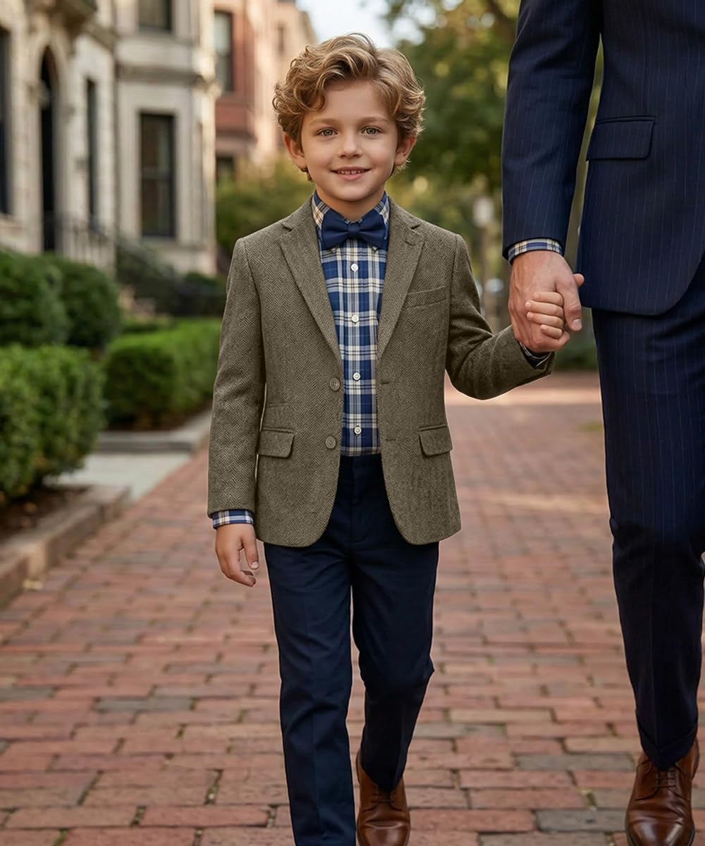 Boys Suit Blazer Set Casual Tweed Sport Coat Suits with Bowtie Boy‘s Retro Herringbone Blazer Jacket Suits for Kids