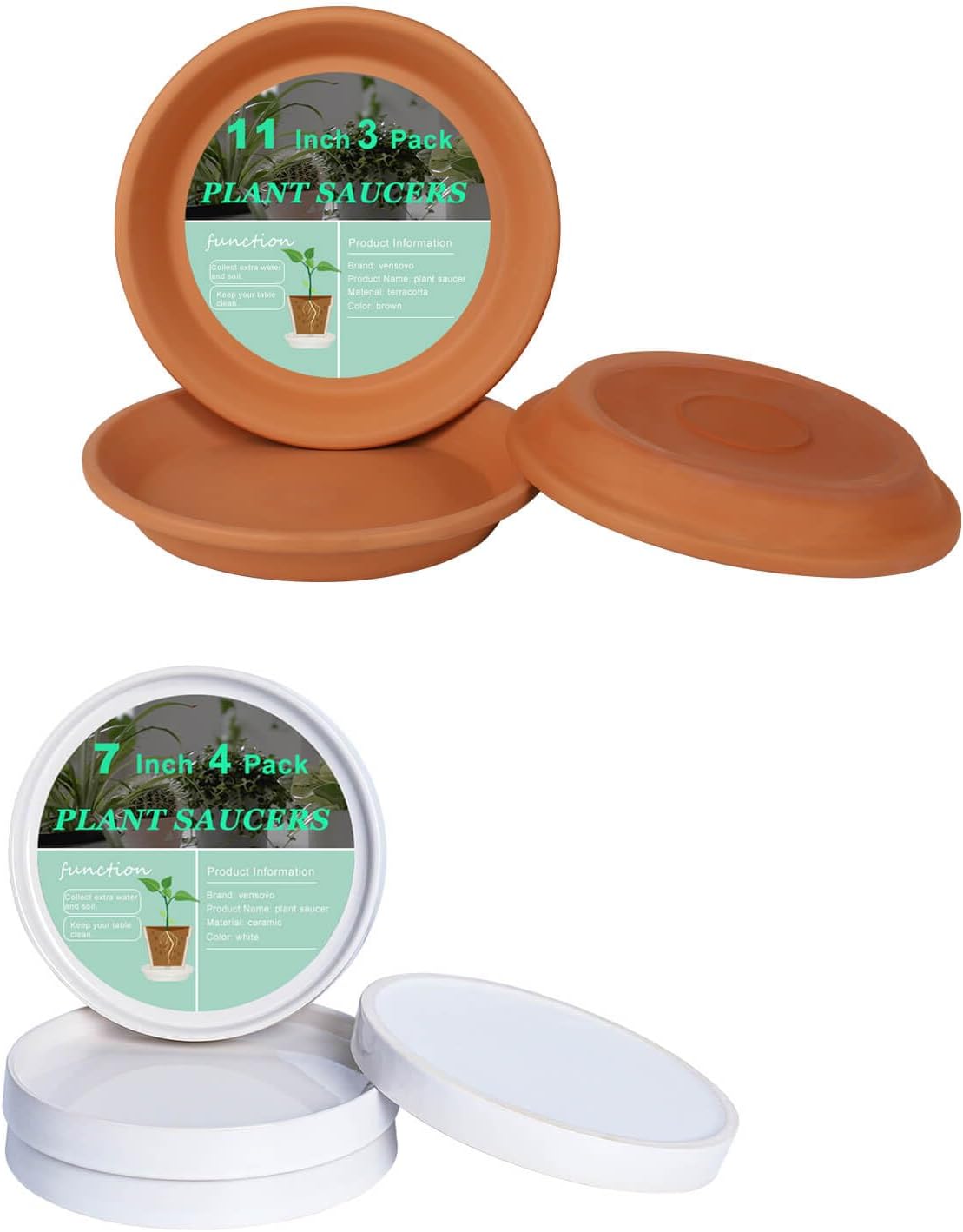 vensovo 7 Inch White Ceramic Saucer and 11 Inch Terracotta Pot Plant Saucer - 4 Pack Large Ceramic Plant Saucer and 3 pcs Large Round Plant Pot Saucers, Great for Indoor or Outdoor